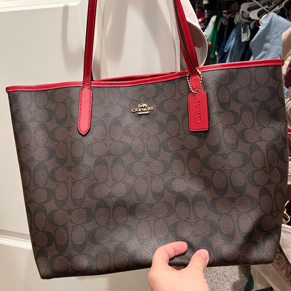 Coach Brown and Red Signature Tote Bag